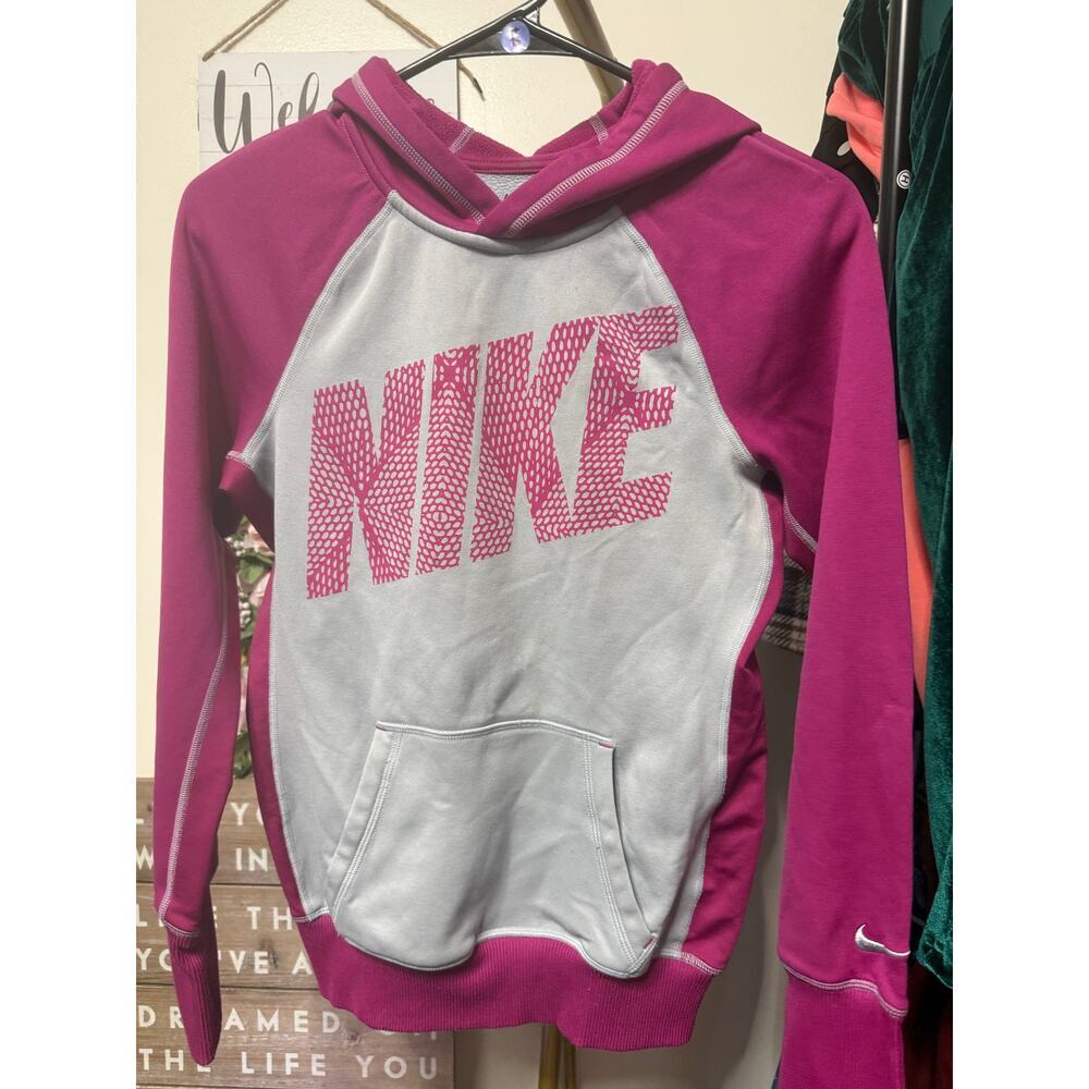 Nike Hoodie Womens Gray Pink Fleece Lined Therma-Fit Swoosh Logo Hooded XS